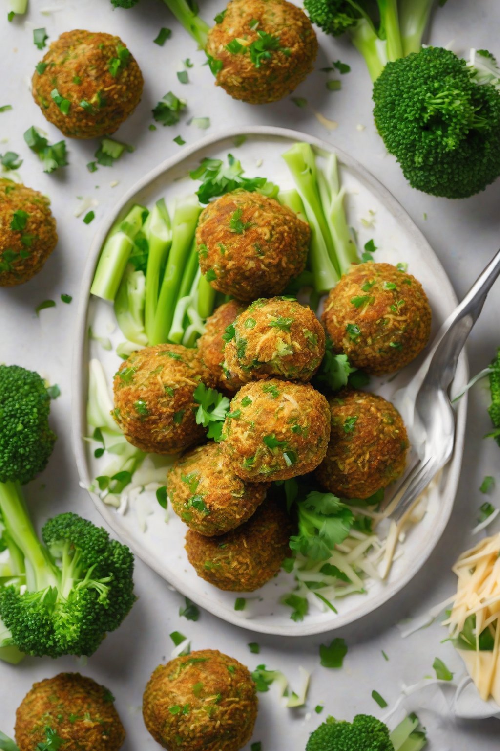 A high-resolution photo of broccoli falafel balls oozing vegan cheddar, garnished with green onions, under soft lighting.