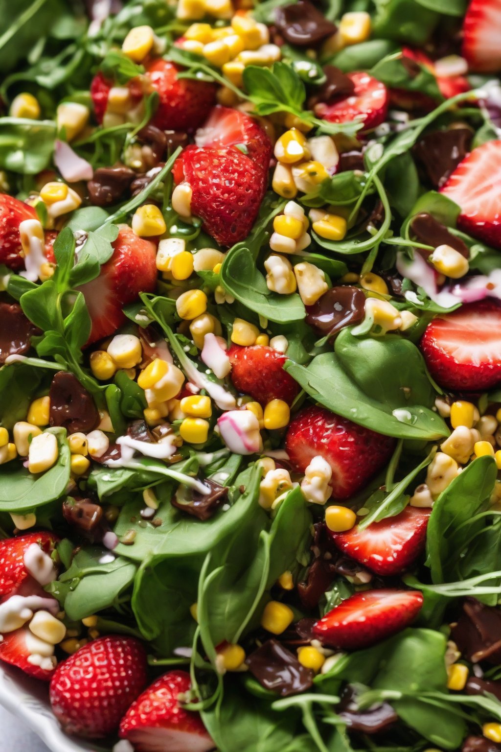 A close-up photo of strawberry corn salad with arugula and balsamic under soft lighting.