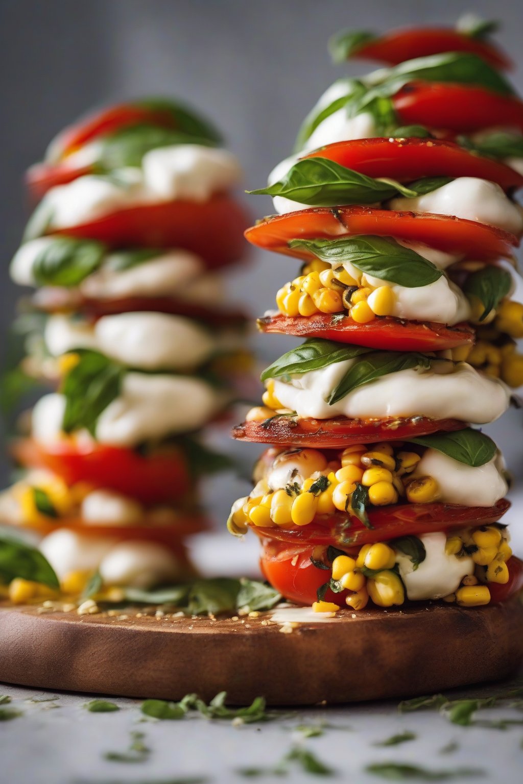 A close-up photo of heirloom tomato and corn caprese stack under soft lighting.