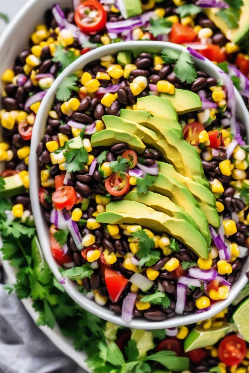 A close-up photo of Southwestern black bean corn salad with avocado under soft lighting.