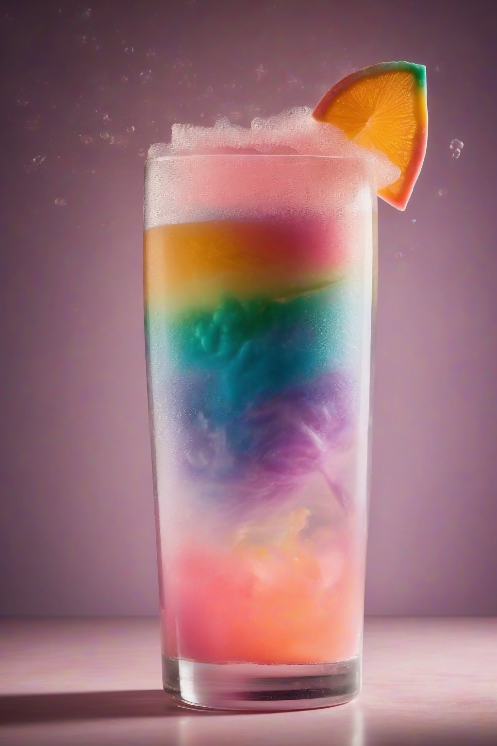 A high-resolution photo of a tall glass layered with rainbow sherbet fizzing with sparkling water under soft lighting.