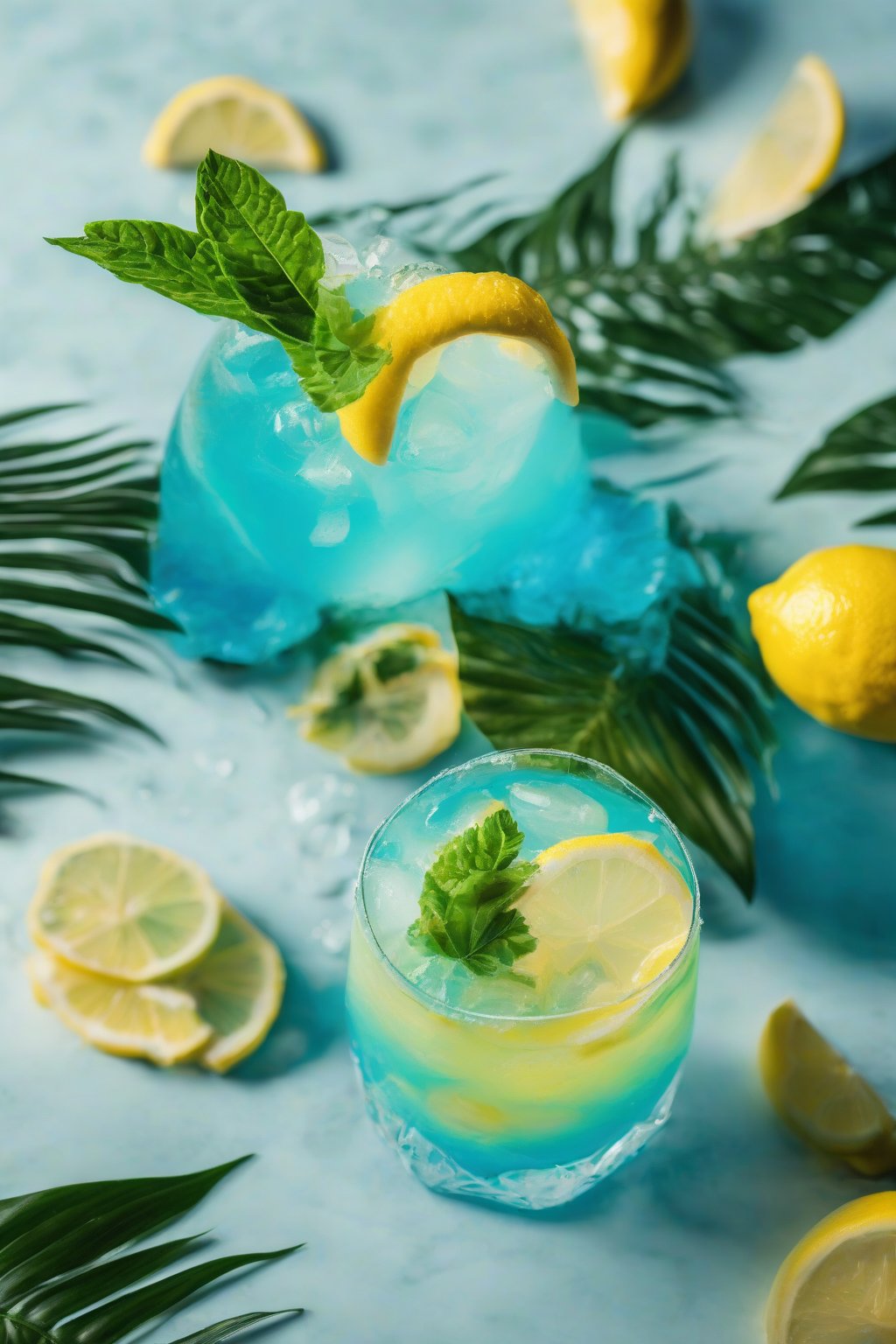 A high-resolution photo of a bright blue tropical mocktail with lemon garnish under soft lighting.