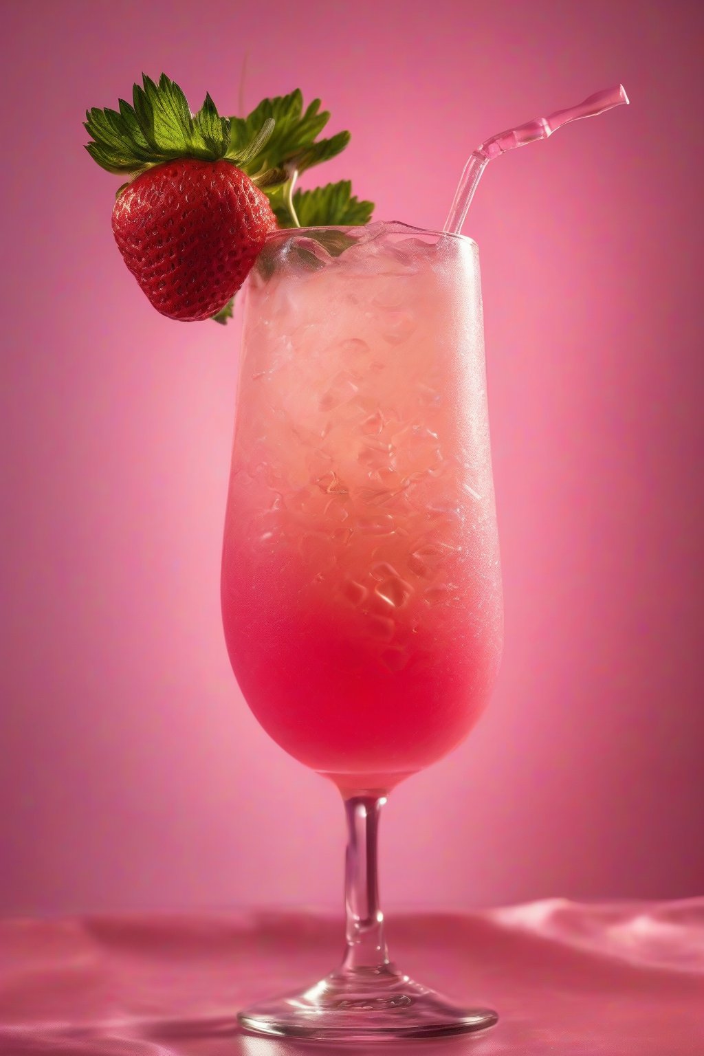 A high-resolution photo of a pink strawberry mocktail swirling in sunset tones under soft lighting.