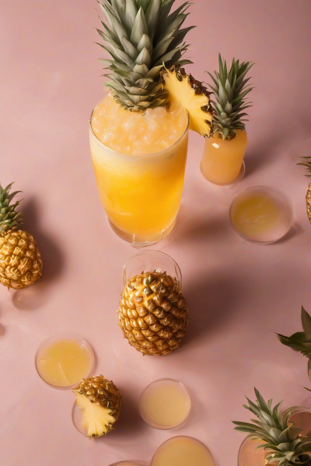 A high-resolution photo of a layered golden pineapple mocktail glowing like sunrise under soft lighting.