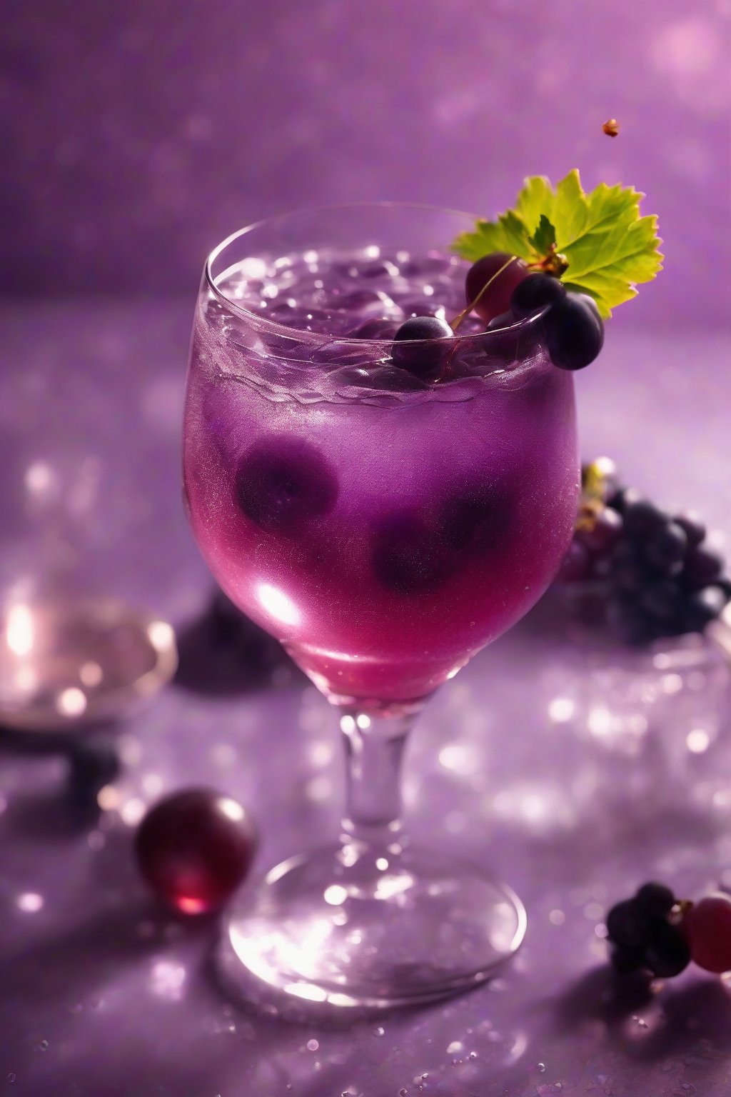 A high-resolution photo of a shimmering purple grape mocktail with berry flecks under soft lighting.
