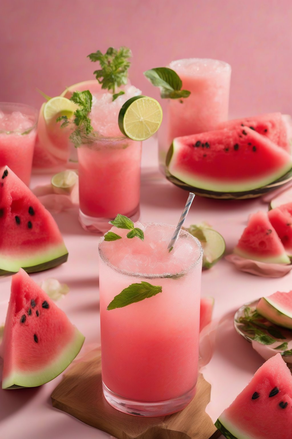 A high-resolution photo of a frosty pink watermelon mocktail with fresh melon garnish under soft lighting.