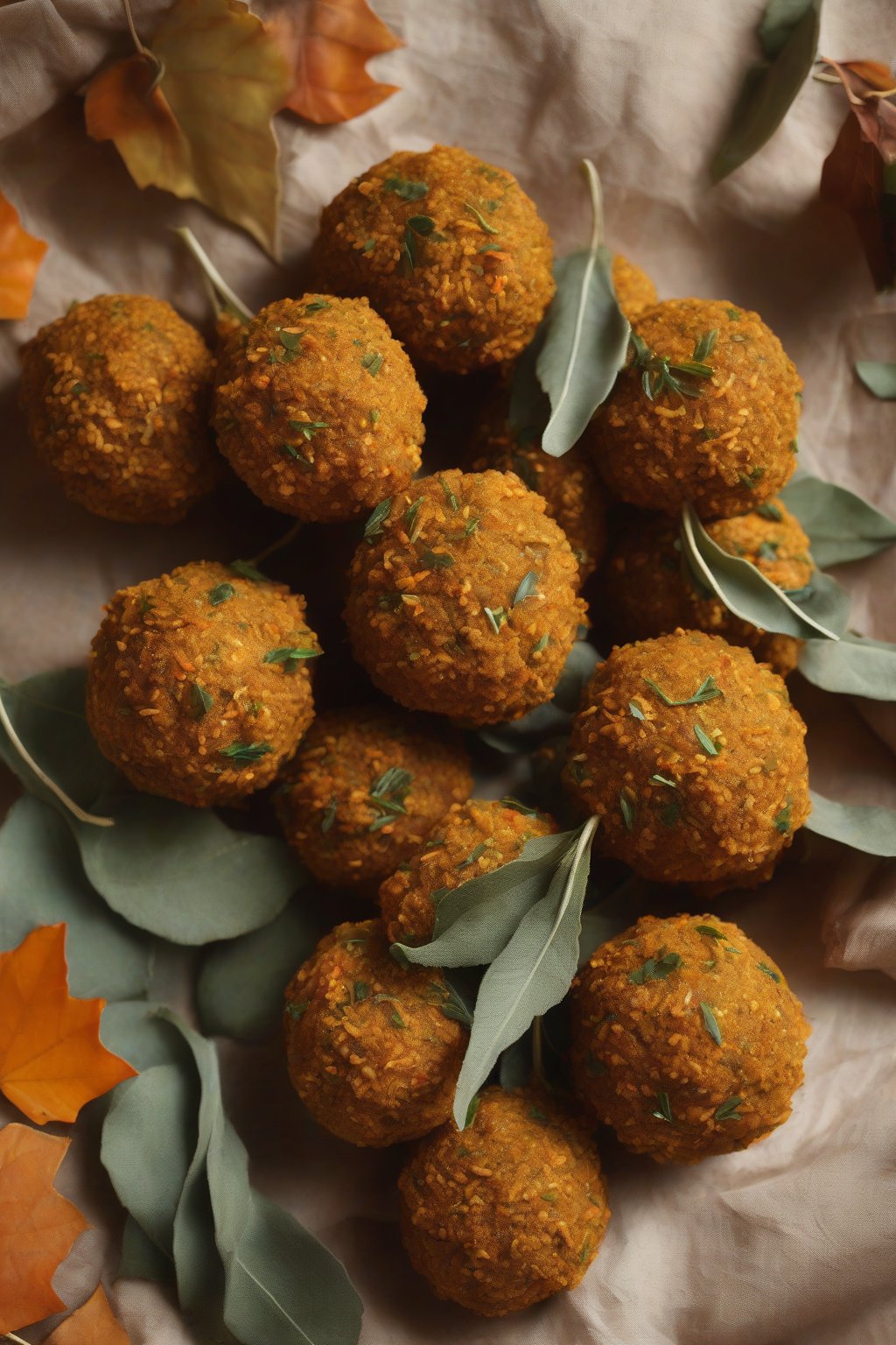 A high-resolution photo of autumn-hued pumpkin falafel orbs with sage leaves, under soft lighting.