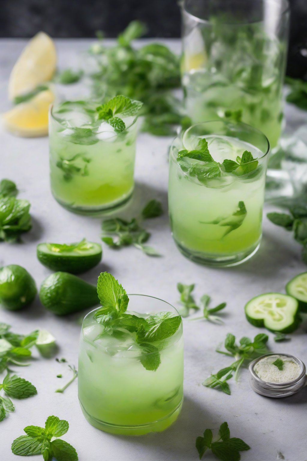 A high-resolution photo of a clear green cucumber mint mocktail with fresh herbs under soft lighting.