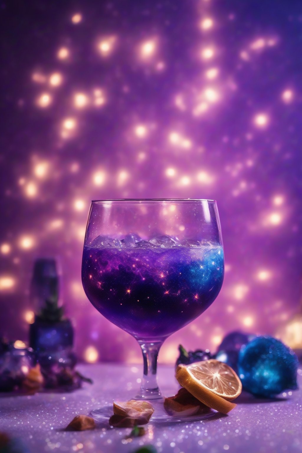 A high-resolution photo of a sparkling galaxy-inspired purple-blue mocktail under soft lighting.