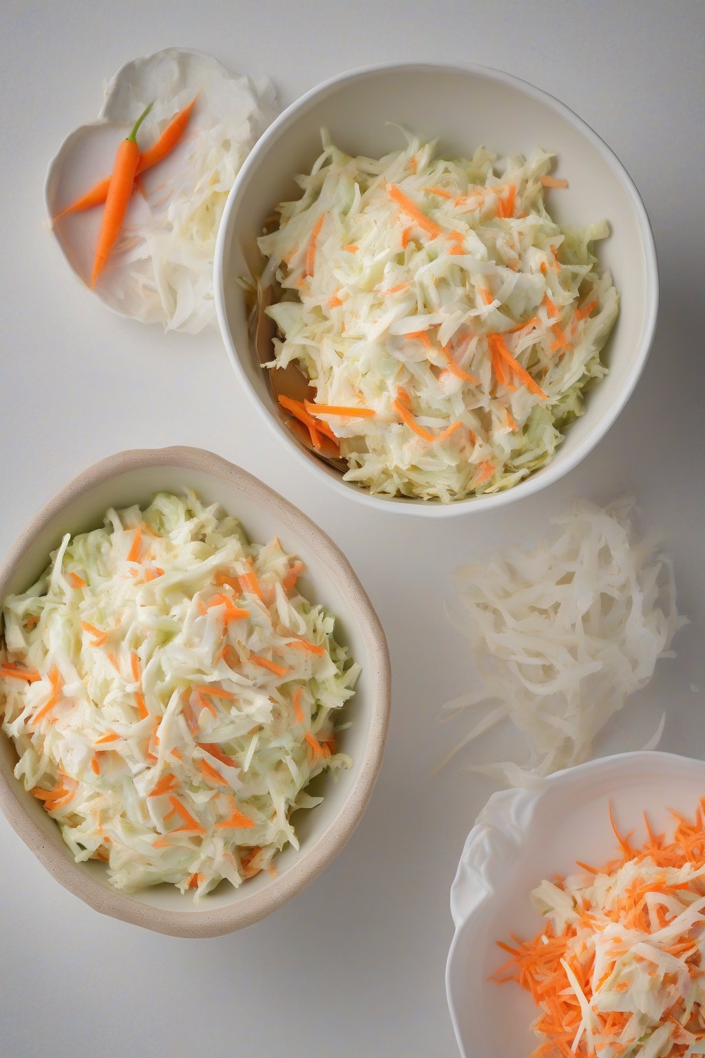 A high-resolution photo of a bowl of classic creamy KFC-style coleslaw with finely shredded cabbage and carrots under soft lighting.