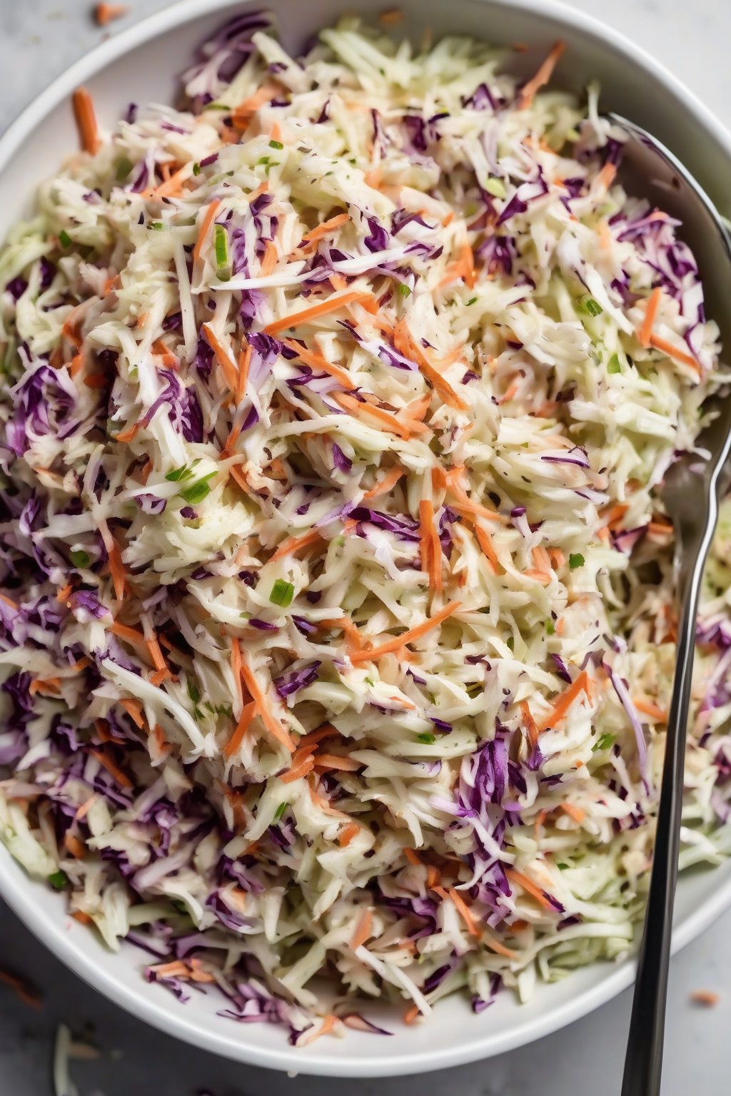 A high-resolution photo of vibrant vegan KFC coleslaw piled high in a white bowl under soft lighting.