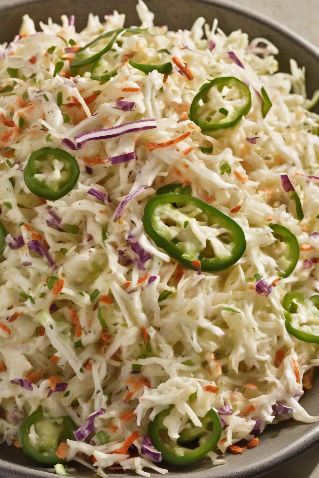 A high-resolution photo of spicy jalapeño-flecked KFC coleslaw with green heat under soft lighting.