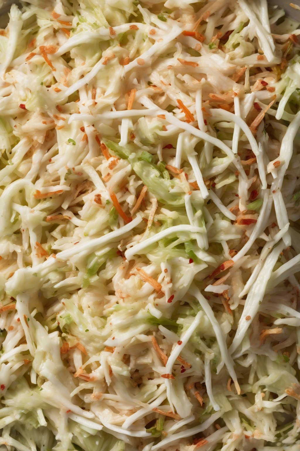 A high-resolution photo of sesame-speckled Asian-inspired KFC coleslaw under soft lighting.