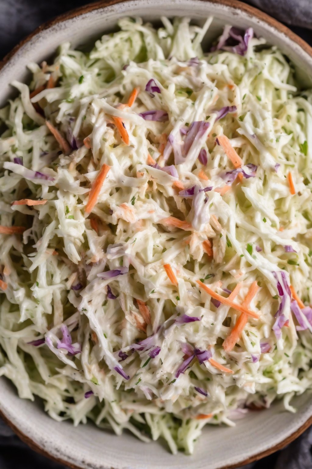 A high-resolution photo of keto-friendly creamy KFC coleslaw in a rustic bowl under soft lighting.