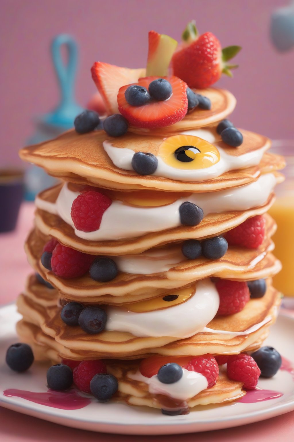 A high-resolution photo of flapjack Cinamoroll pancakes stacked with fruit eyes and cream ears under soft lighting.