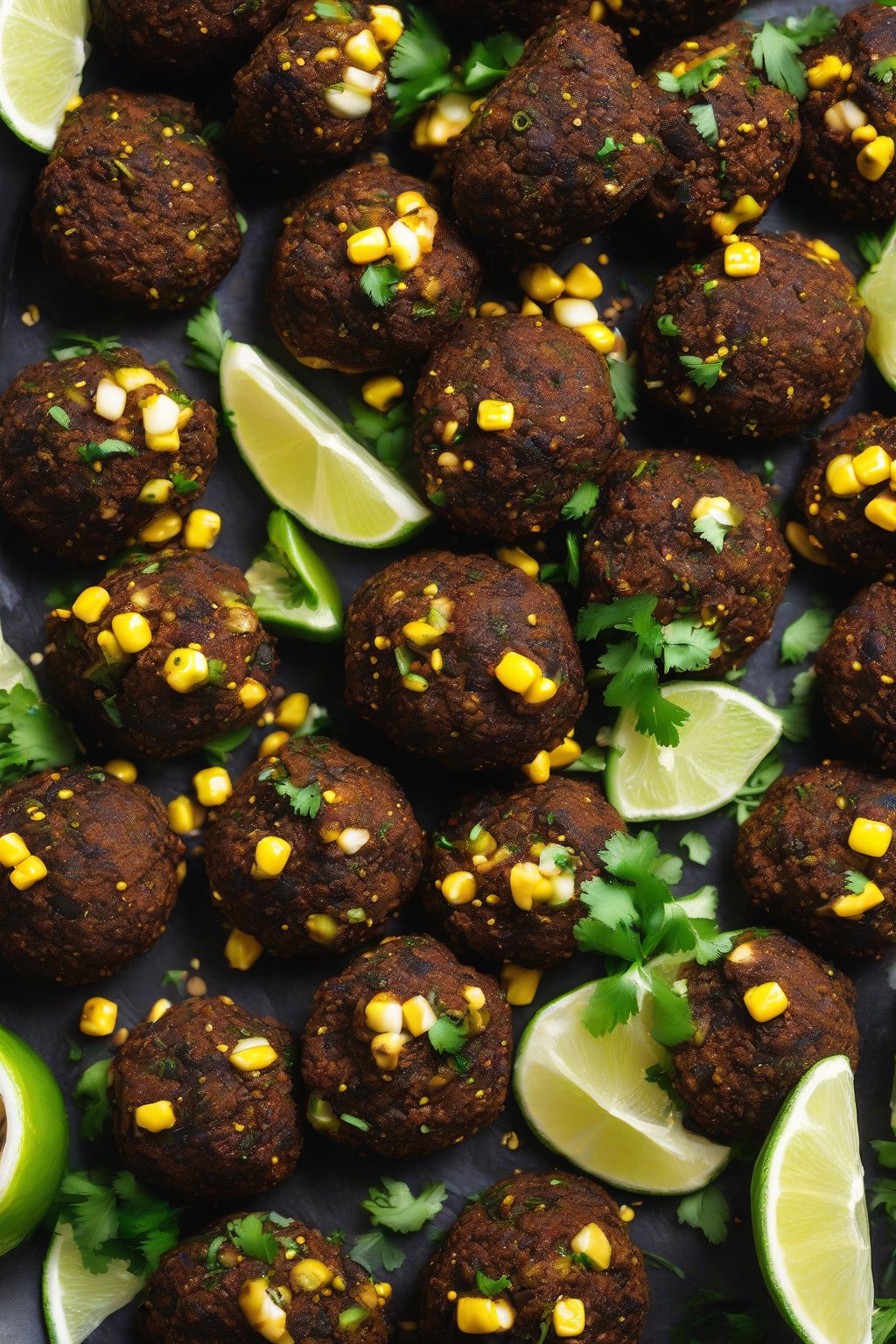 A high-resolution photo of black bean falafel with corn kernels and lime slices, under soft lighting.