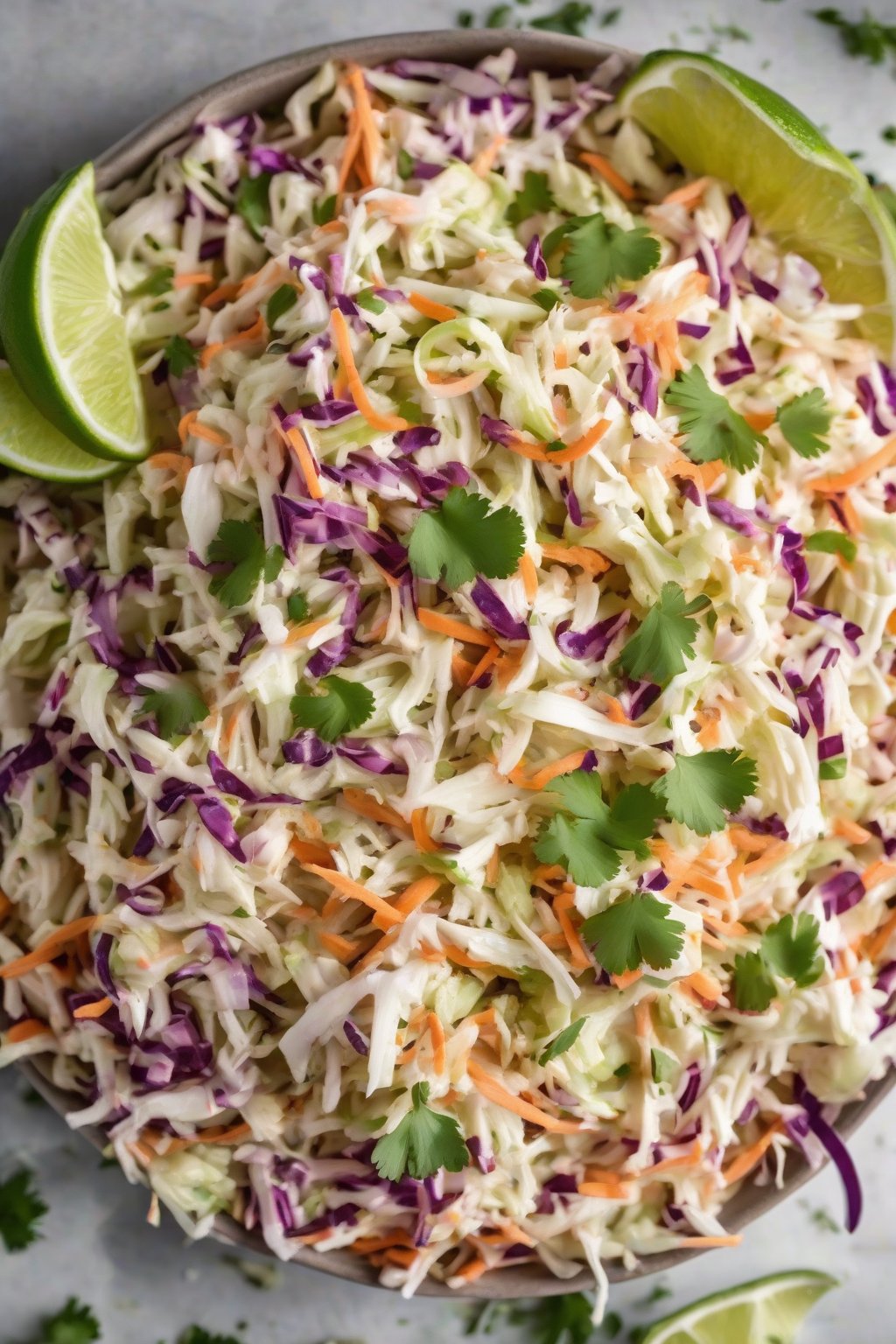 A high-resolution photo of cilantro-lime Mexican KFC coleslaw bursting with color under soft lighting.