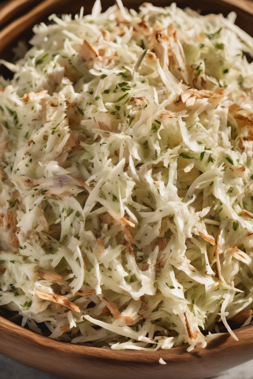 A high-resolution photo of herb-flecked garlic KFC coleslaw in a wooden bowl under soft lighting.