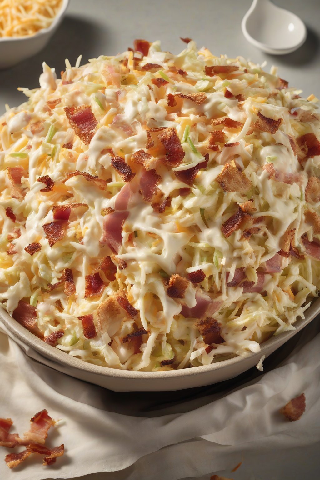 A high-resolution photo of loaded bacon-cheese KFC coleslaw overflowing a bowl under soft lighting.
