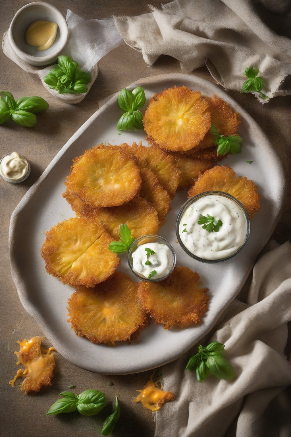 A high-resolution photo of cheesy fried green tomato slices oozing with melted cheddar, served with ranch dip under soft lighting.