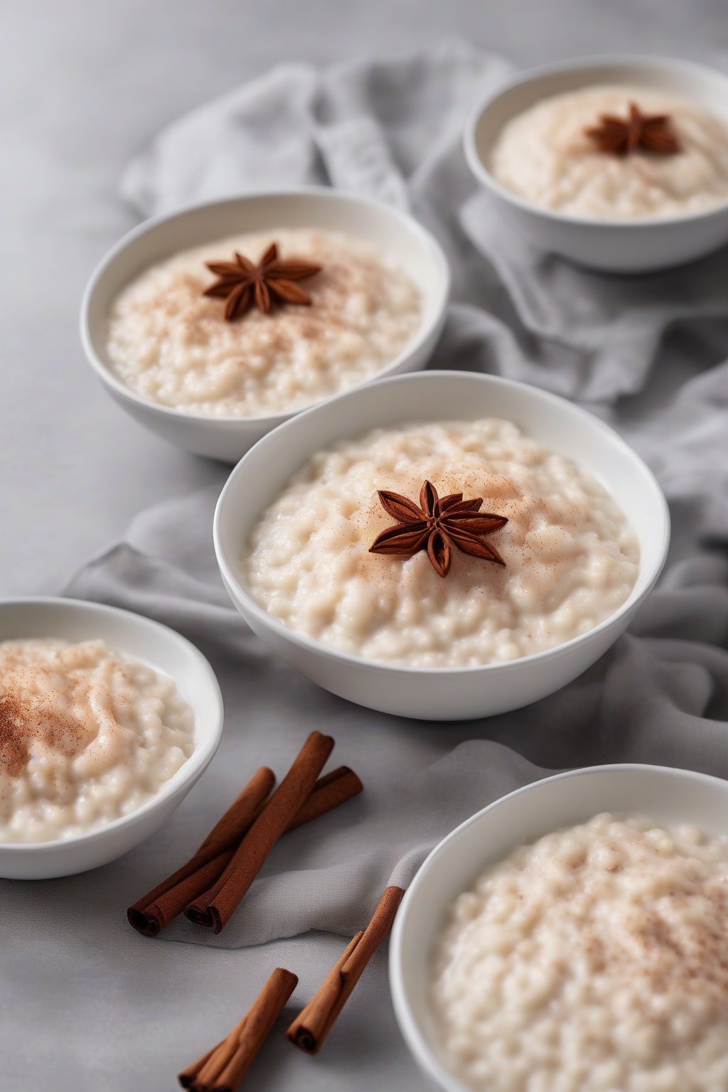 A high-resolution photo of classic vanilla rice pudding in a white bowl, topped with a sprinkle of cinnamon, creamy texture visible, under soft lighting.