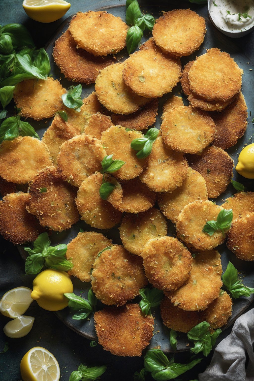 A high-resolution photo of ultra-crispy panko-cornmeal fried green tomatoes piled high with lemon wedges under soft lighting.