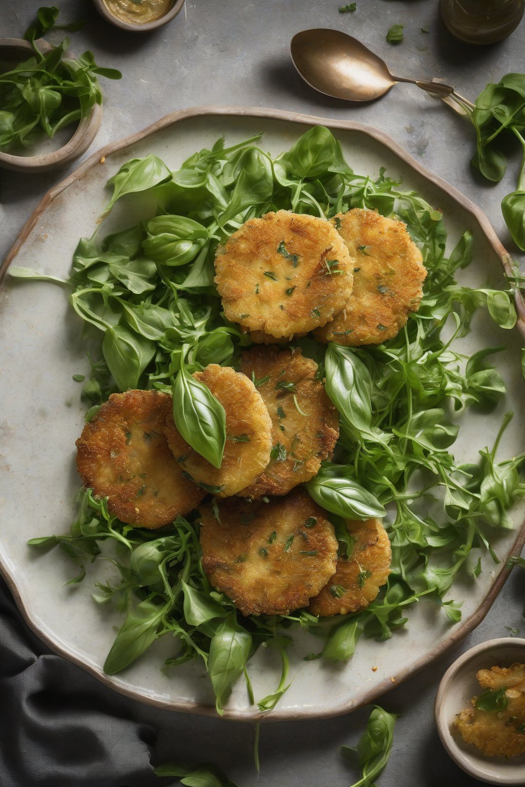A high-resolution photo of herb-flecked garlic fried green tomatoes on a bed of arugula, garnished with basil leaves under soft lighting.