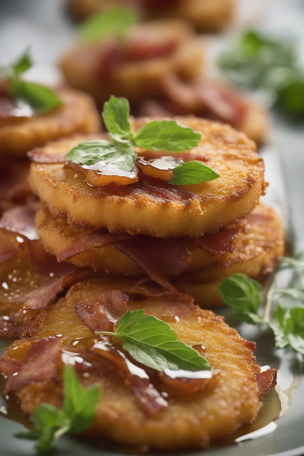 A high-resolution photo of bacon-topped fried green tomatoes glistening with maple syrup, close-up under soft lighting.