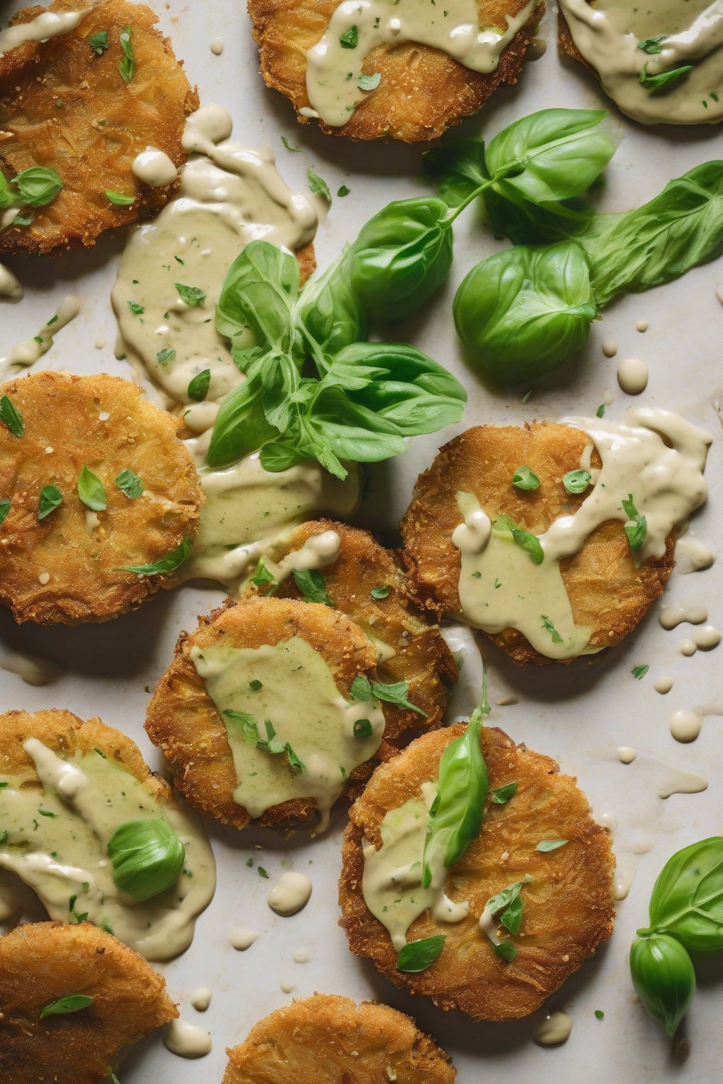 A high-resolution photo of vegan fried green tomatoes with a tahini drizzle, vibrant green slices on a neutral background under soft lighting.