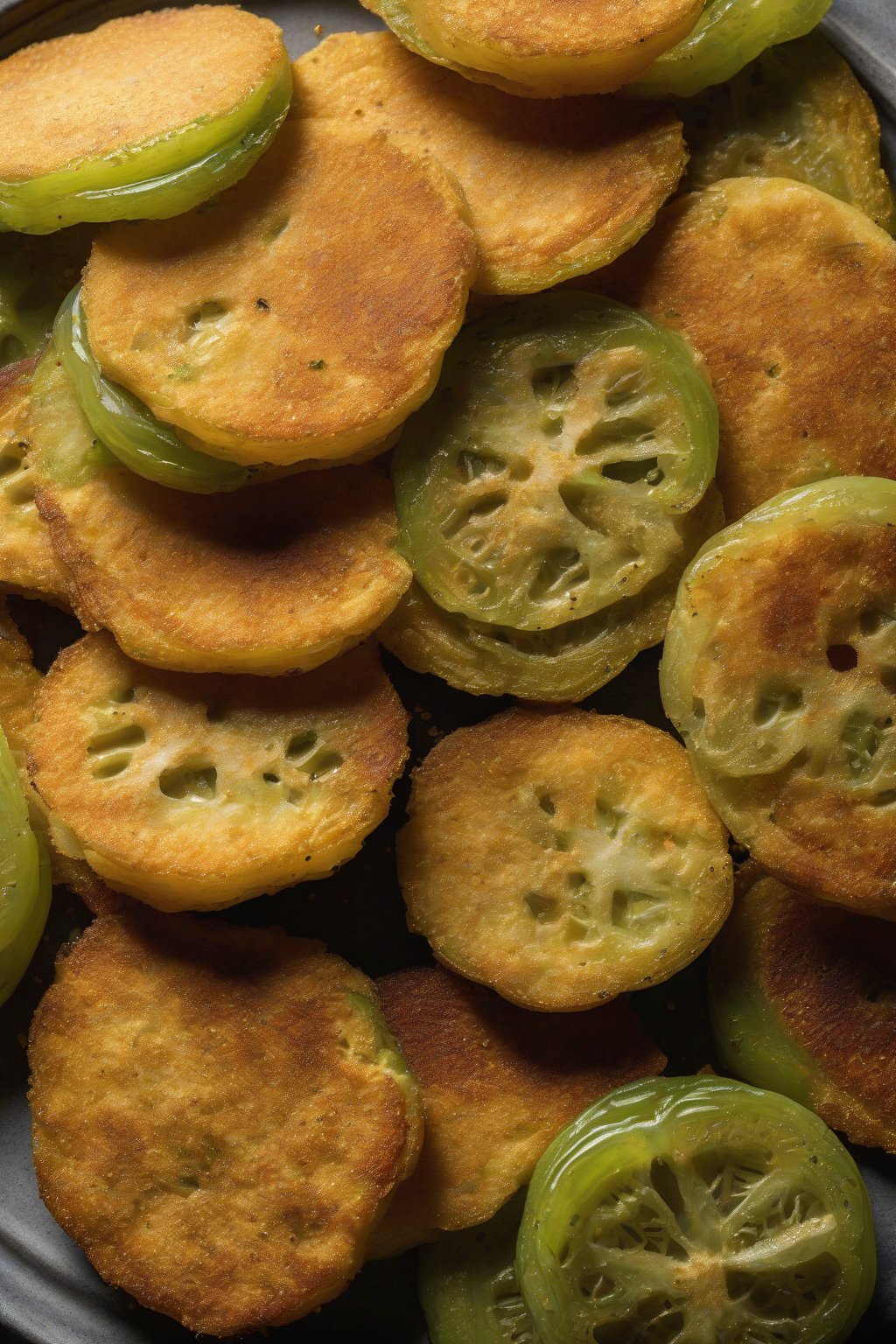 A high-resolution photo of air-fried cornmeal green tomatoes, lightly golden and stacked neatly under soft lighting.