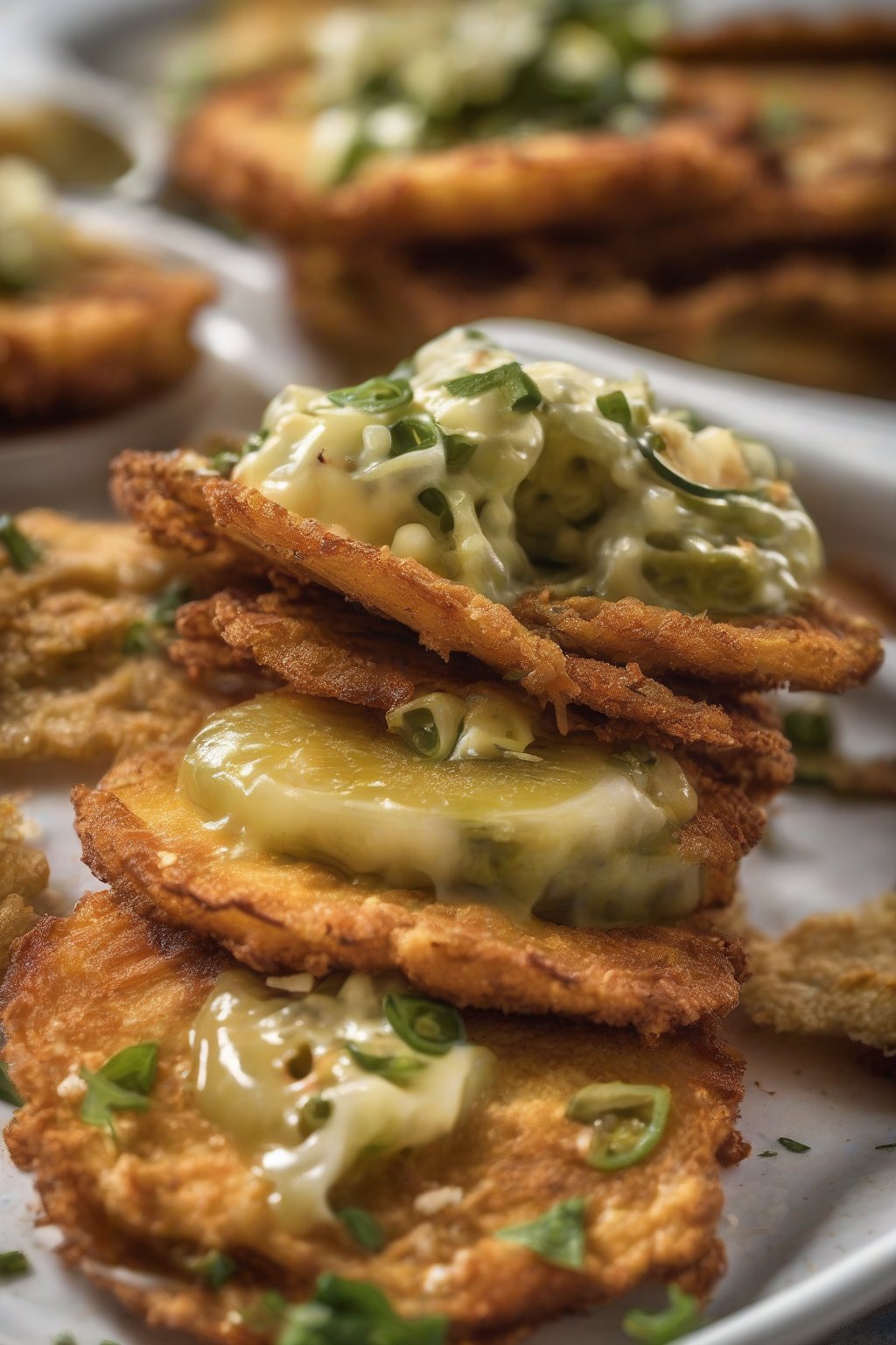 A high-resolution photo of jalapeño-stuffed fried green tomatoes sliced open to show cheesy filling under soft lighting.