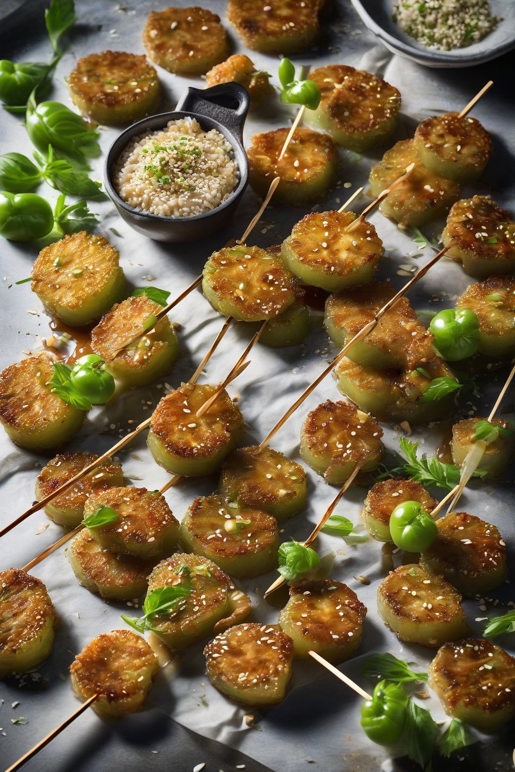 A high-resolution photo of BBQ-glazed fried green tomatoes with sesame seeds, served on skewers under soft lighting.