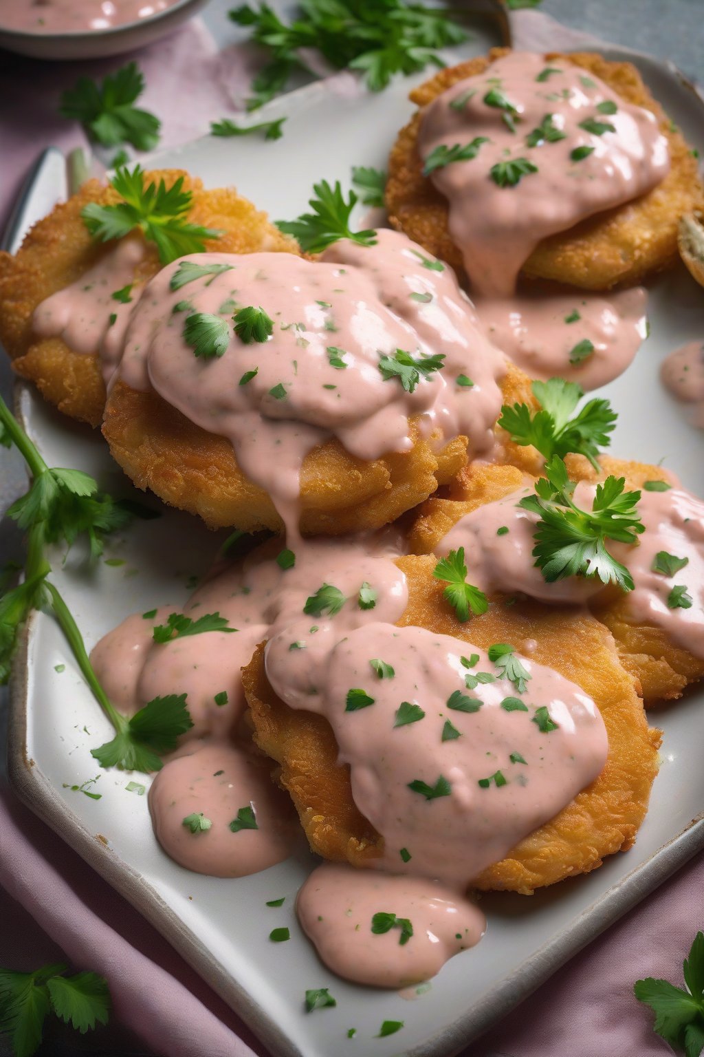 A high-resolution photo of fried green tomatoes smothered in pink remoulade sauce, garnished with parsley under soft lighting.