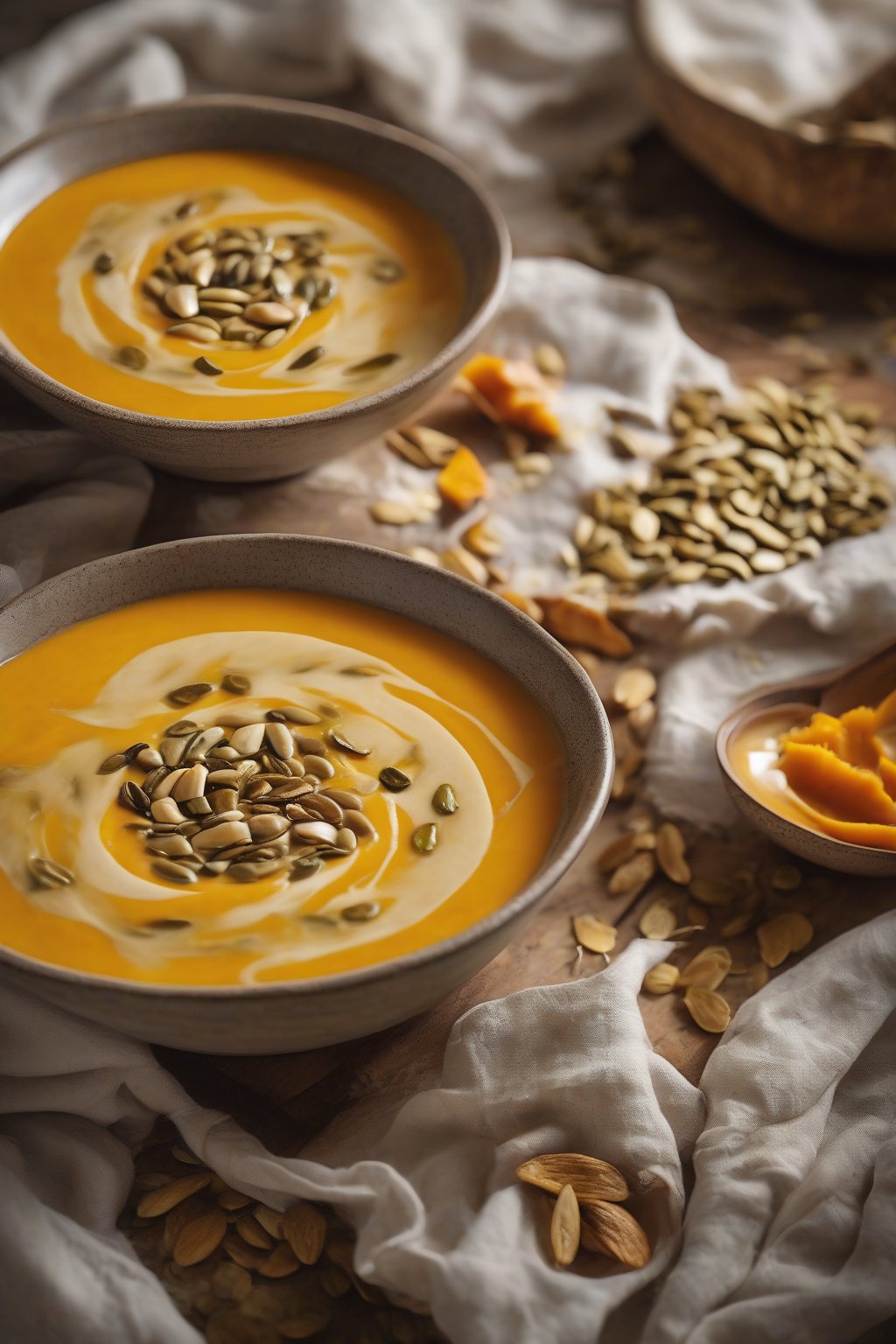 A high-resolution photo of creamy butternut squash soup swirled with coconut milk in a rustic bowl, garnished with toasted pumpkin seeds, under soft lighting.