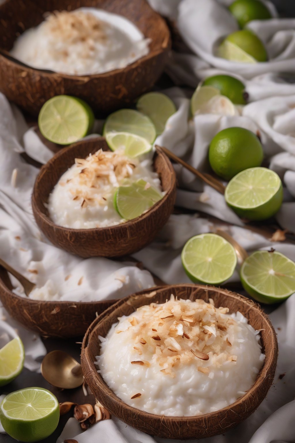 A high-resolution photo of coconut rice pudding garnished with lime zest and toasted coconut, served in a coconut shell bowl, under soft lighting.