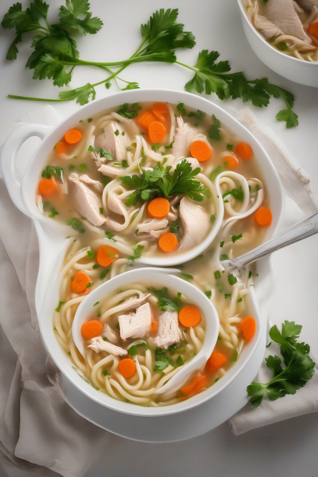 A high-resolution photo of steaming chicken noodle soup with carrots and noodles in a white bowl, topped with fresh parsley, under soft lighting.