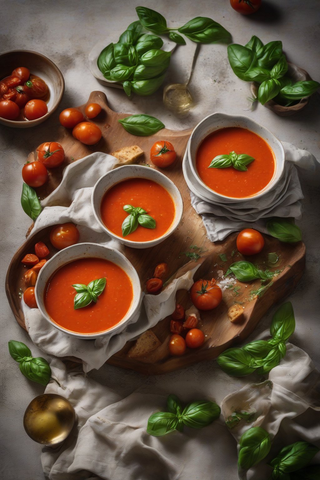 A high-resolution photo of vibrant roasted tomato basil soup in a deep bowl, drizzled with olive oil and basil leaves, under soft lighting.