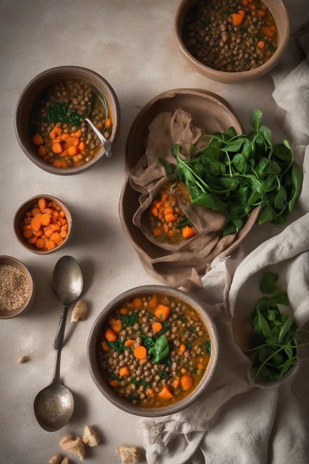 A high-resolution photo of chunky lentil soup with carrots and spinach in a stoneware bowl, sprinkled with cumin, under soft lighting.