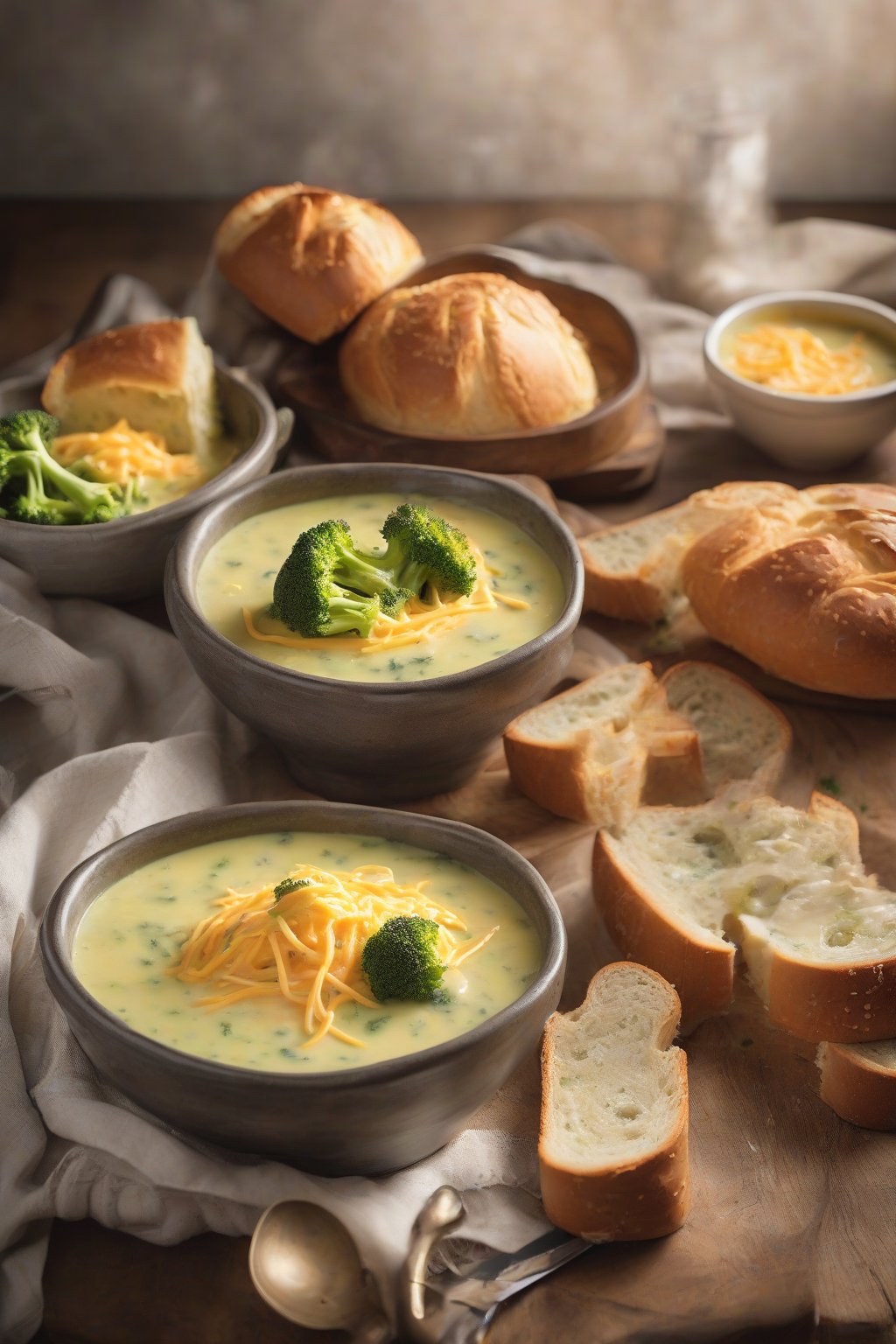 A high-resolution photo of broccoli cheddar soup bubbling with melted cheese strings in a bread bowl, under soft lighting.