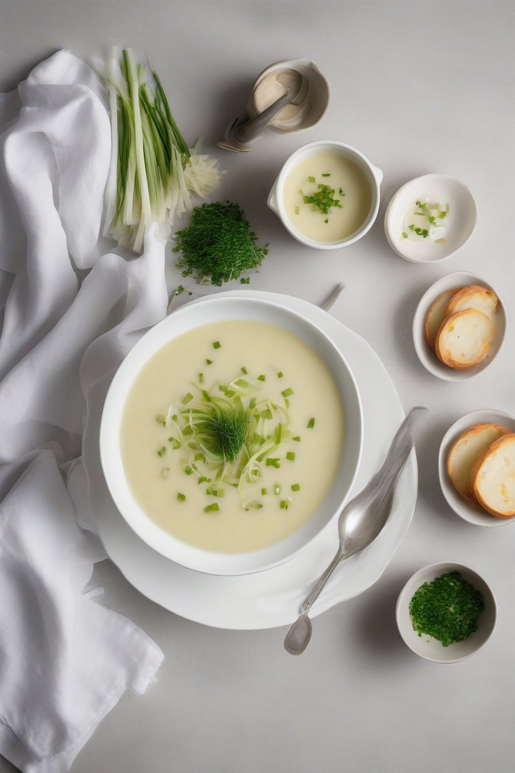 A high-resolution photo of smooth potato leek soup garnished with chives in an elegant white bowl, under soft lighting.