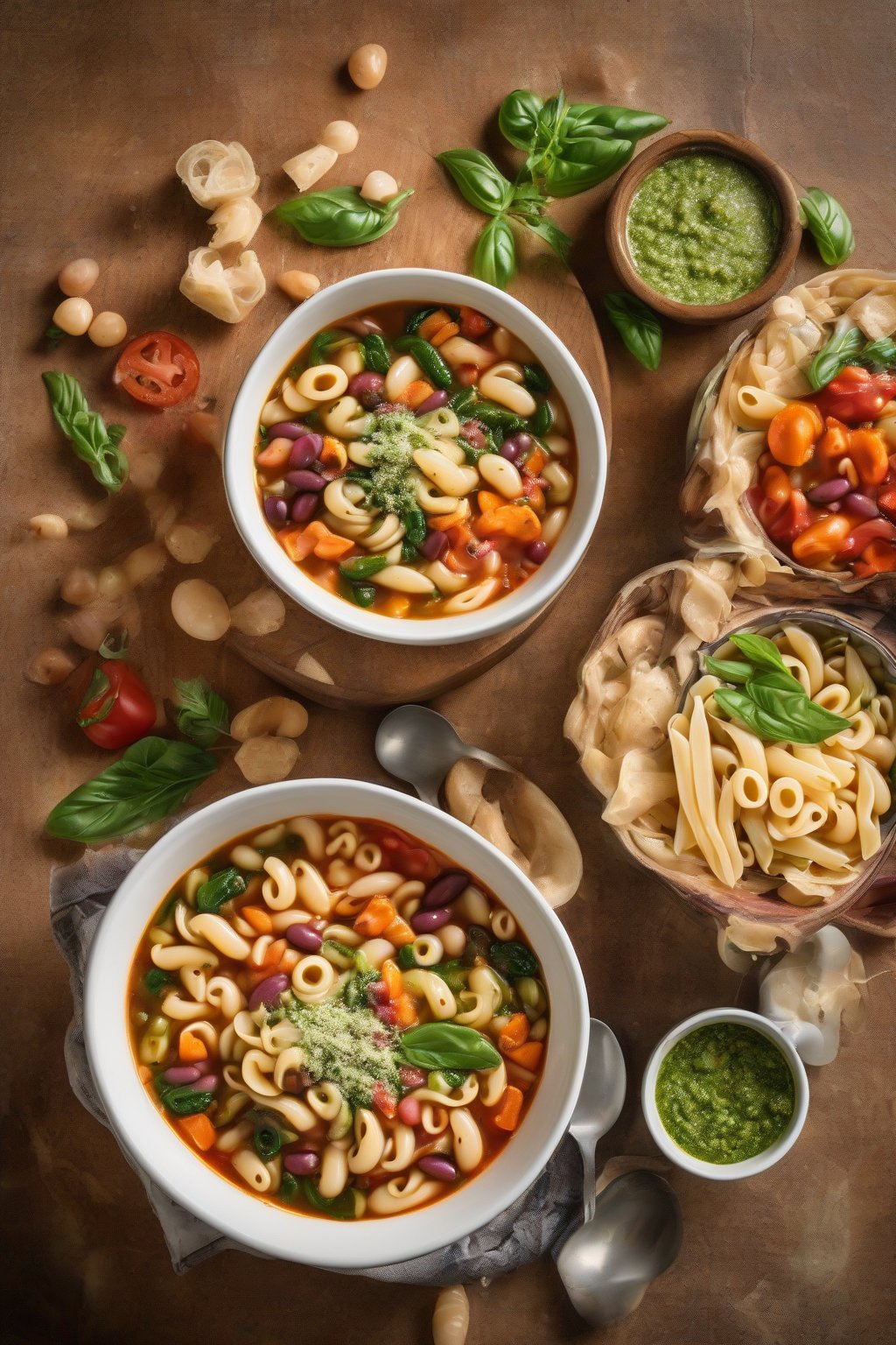 A high-resolution photo of colorful minestrone soup with beans and pasta in a large bowl, topped with pesto swirl, under soft lighting.