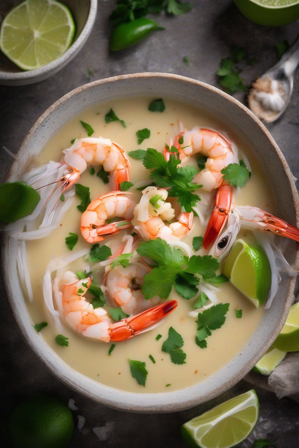 A high-resolution photo of fragrant Thai coconut soup with shrimp and lime wedges in a coconut shell bowl, under soft lighting.