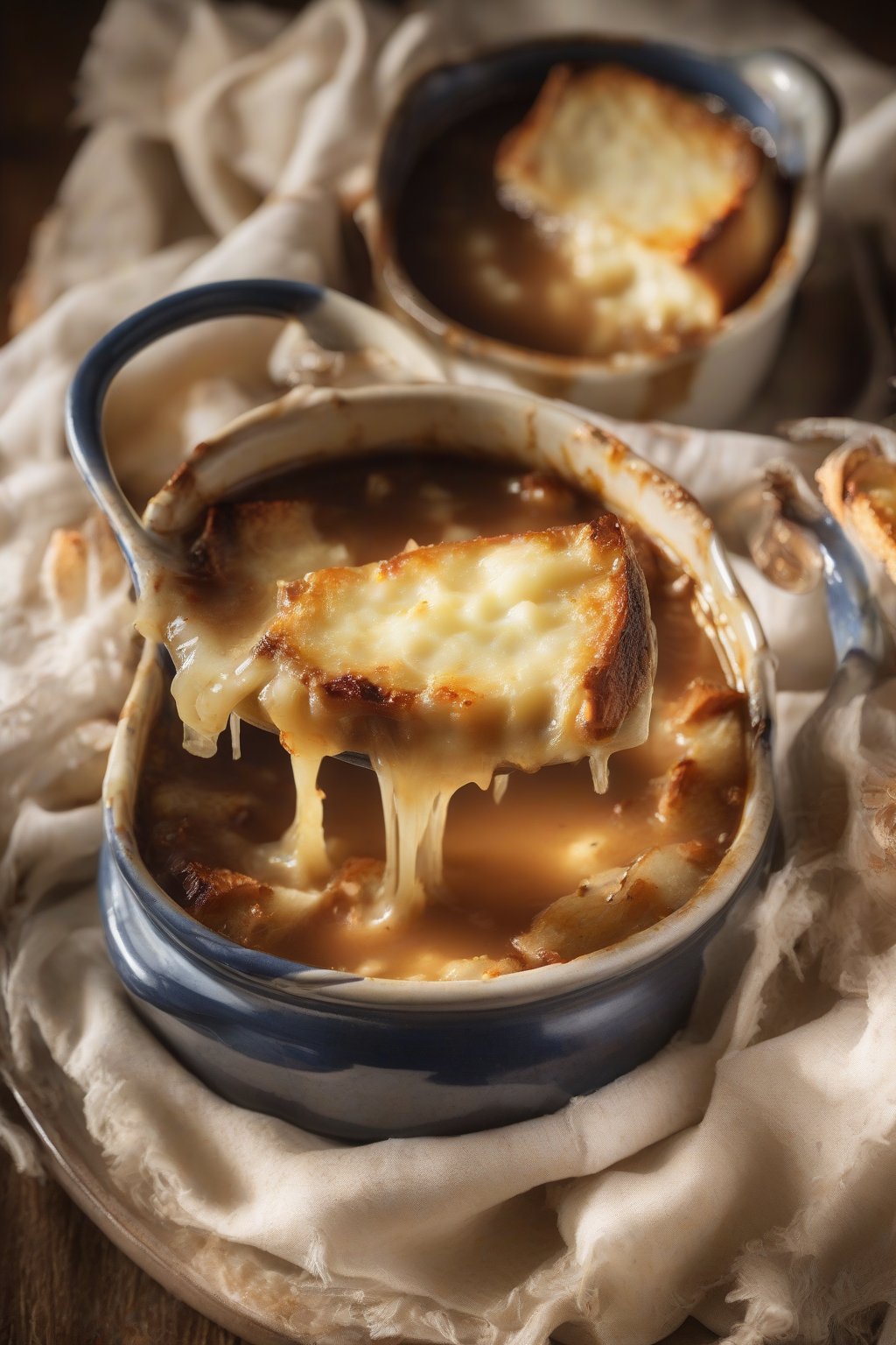 A high-resolution photo of French onion soup with gooey cheese bubbling over croutons in a crock, under soft lighting.