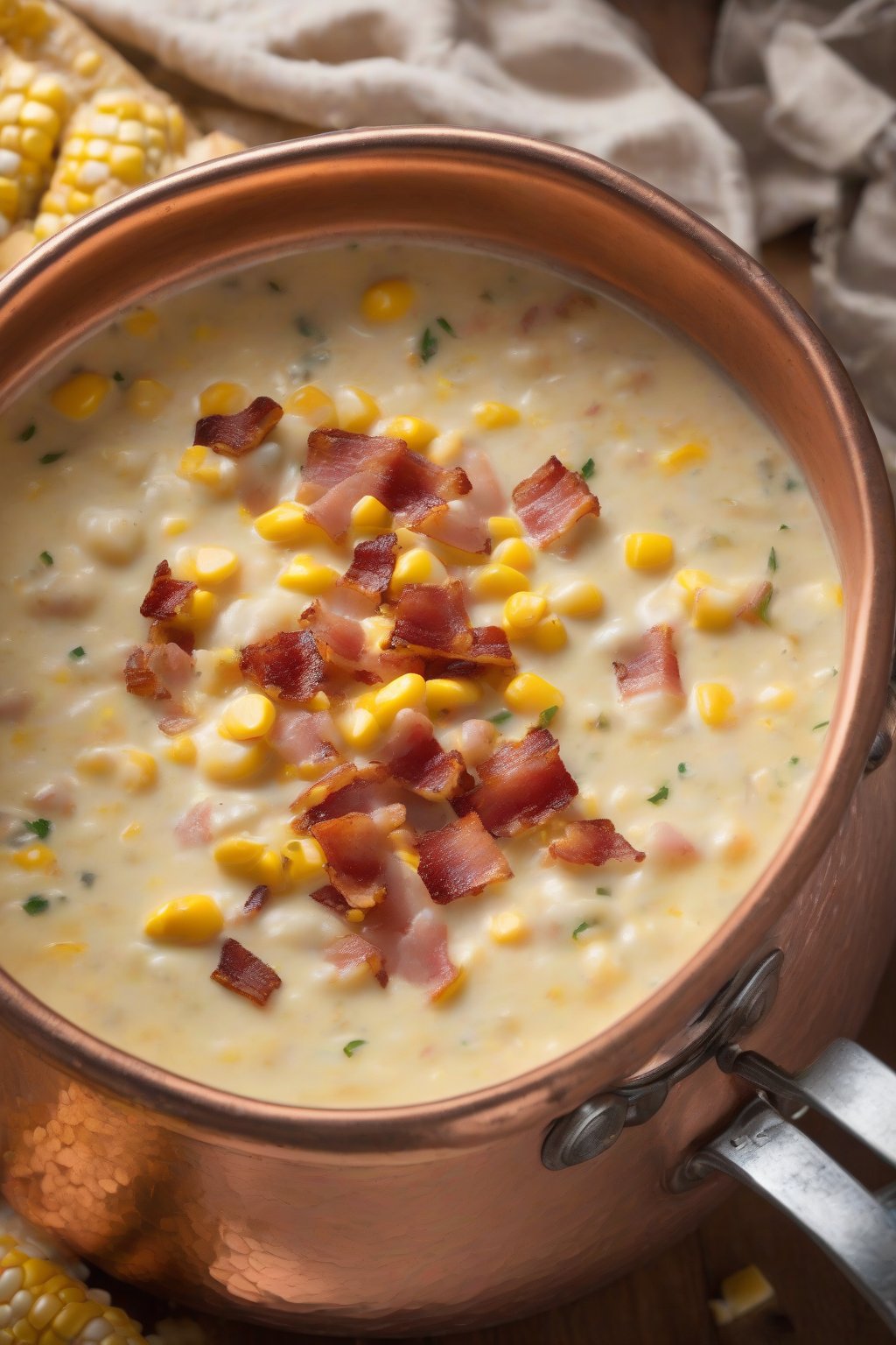A high-resolution photo of creamy corn chowder loaded with corn and bacon bits in a copper pot, under soft lighting.