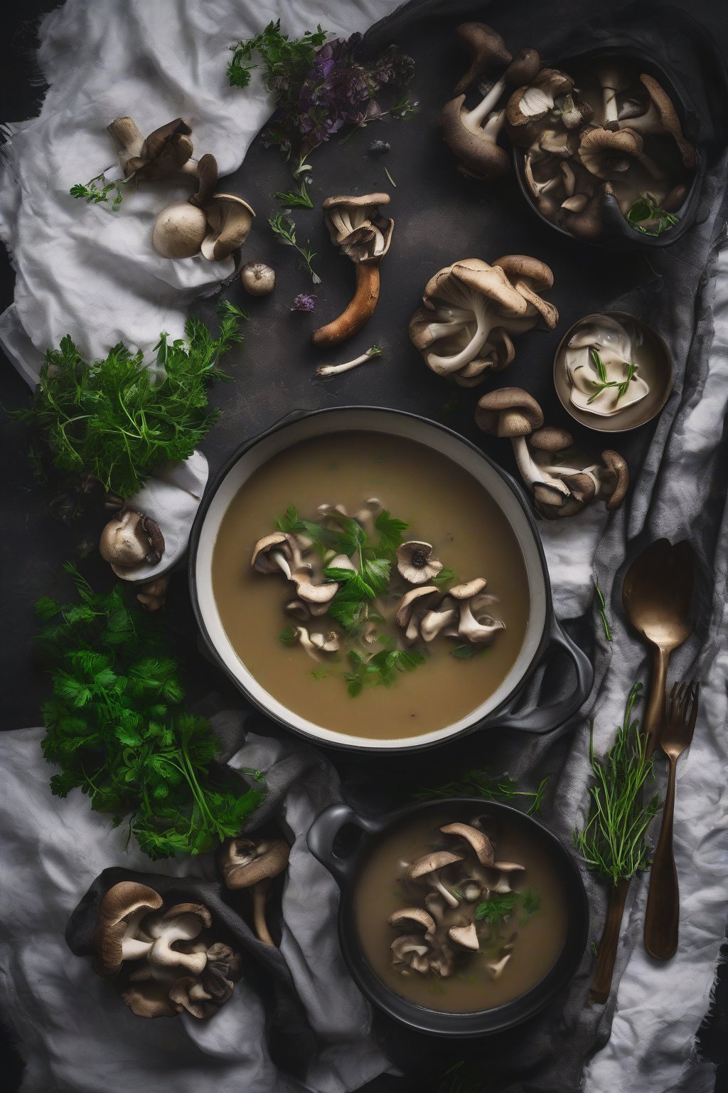 A high-resolution photo of wild mushroom soup with fresh herbs in a dark bowl, steam rising, under soft lighting.