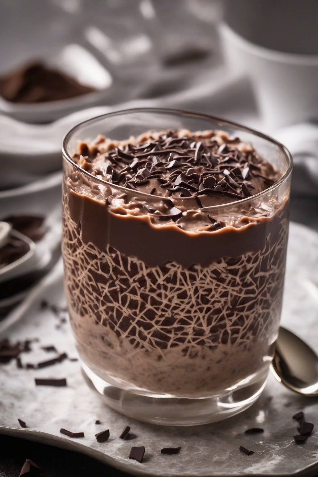 A high-resolution photo of chocolate rice pudding swirled with dark chocolate shavings, in an elegant glass dish, under soft lighting.