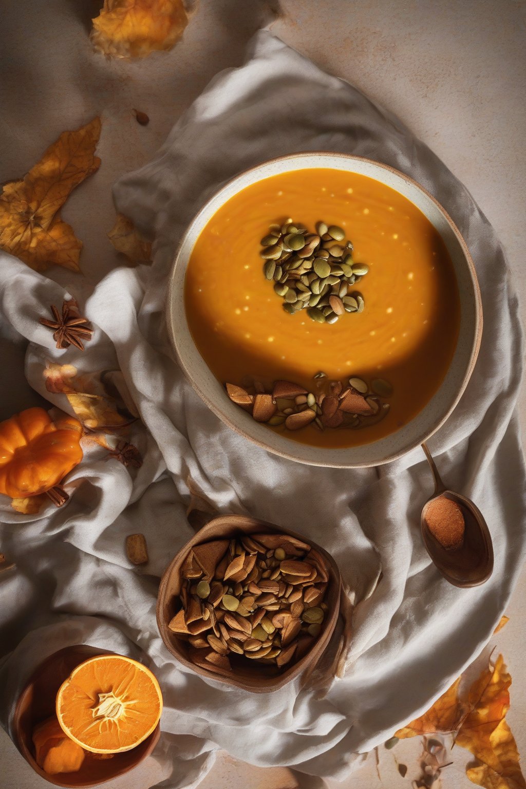 A high-resolution photo of spiced pumpkin soup garnished with pepitas and cinnamon in an orange-rimmed bowl, under soft lighting.