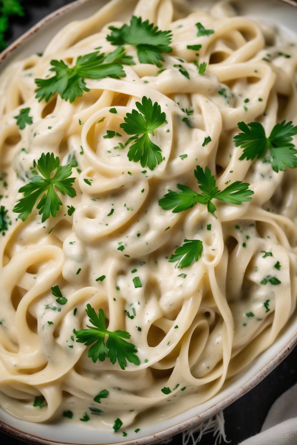 A high-resolution photo of classic fettuccine Alfredo tossed in creamy white sauce garnished with parsley, under soft lighting.