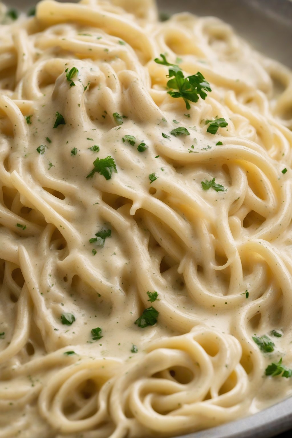 A high-resolution photo of roasted garlic Alfredo sauce poured over steaming pasta, golden flecks visible, under soft lighting.