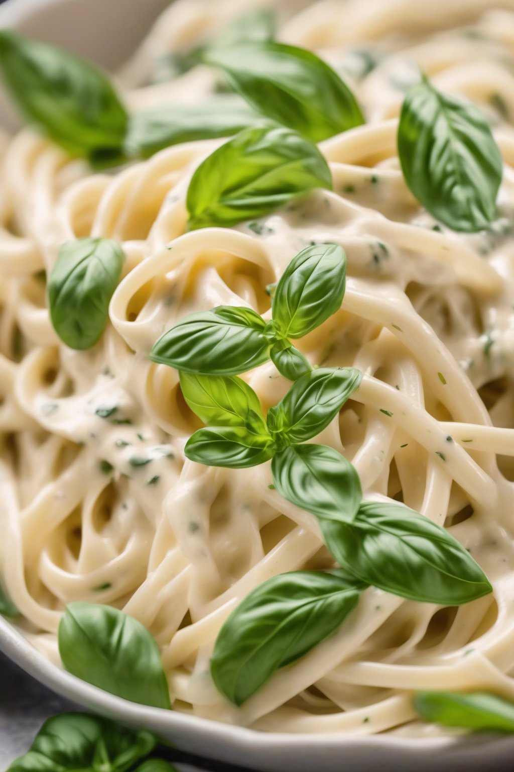 A high-resolution photo of light Alfredo sauce coating fettuccine with a lighter sheen, fresh basil on top, under soft lighting.